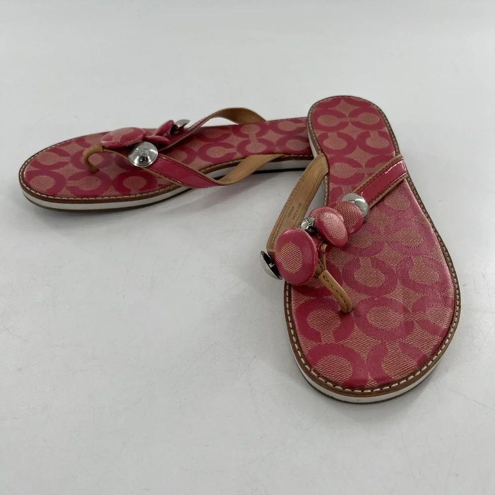 Coach Womens Signature Coated Canvas Flip Flop Thong Patent Button Melon 8.5